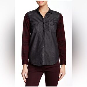 EUC L M The Kooples SPORT Denim Plaid Sleeve Shirt Large Black Gray Burgundy